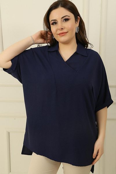 By Saygı Double Breasted Polo Neck Short Sleeve Ayrobin Plus Size Blouse