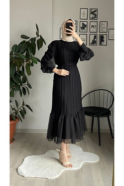 CYM Butik Rochie Hijab din șifon plisat neagră