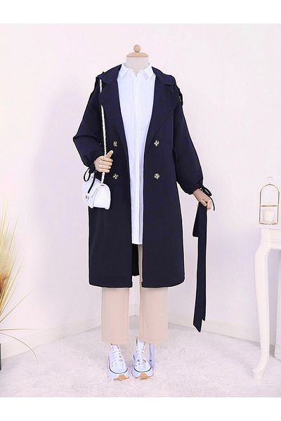 Modamorfo Clamshell Pocket Sleeve Lace up Trench Coat -Navy