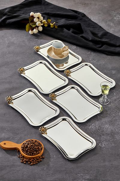 Milenay Fiore Nero Handle Patterned Chrome Presentation Tray - 25X15Cm, 6 Pieces