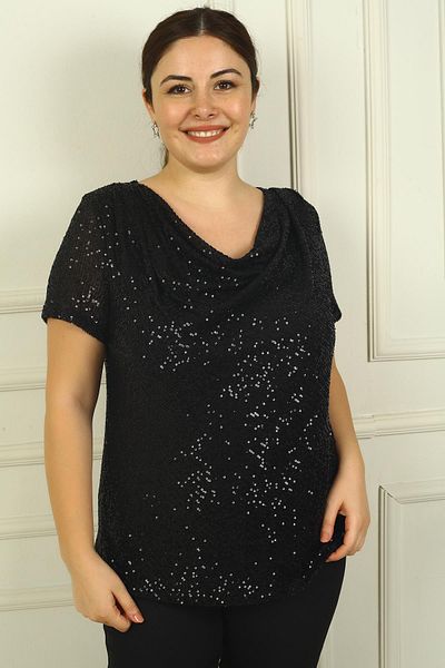 By Saygı Plus Size Degaje Collar and Lined Sequin Women's Blouse