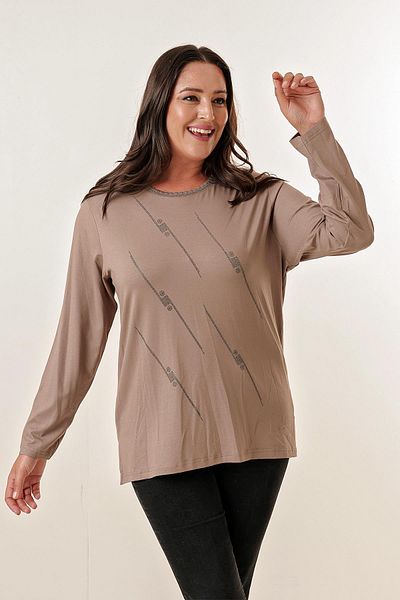 By Saygı Collar Embroidered Front Cross Stone Print Long Sleeve Plus Size Blouse