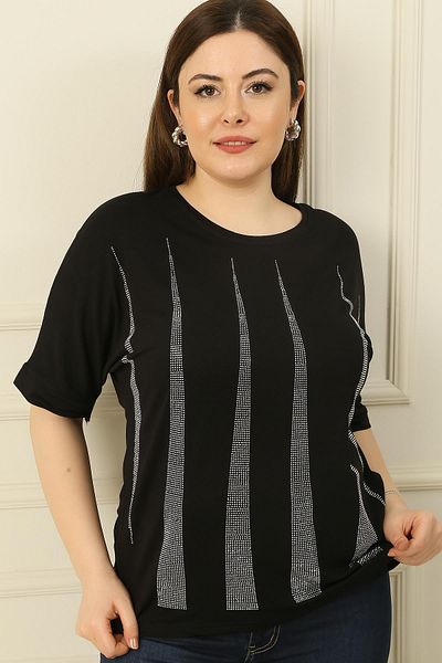 By Saygı Women's Pyramid Rhinestone Short Sleeve Plus Size Blouse