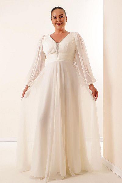 By Saygı Front Back V Neck Balloon Sleeve Plus Size Long Tulle Dress