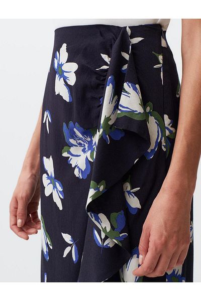 Jimmy Key Navy Blue Regular Waist Floral Patterned Midi Skirt