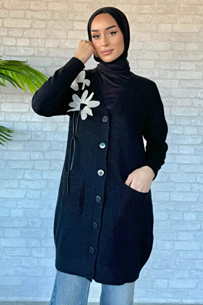 julude Black Women's Hijab Pocket Floral Detailed Knitwear Cardigan