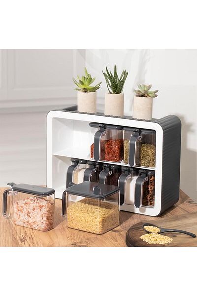STOREMAX 0439 9-Piece Spice Rack Set with Stand and Self-Adhesive Spoon and Lid - Anthracite White