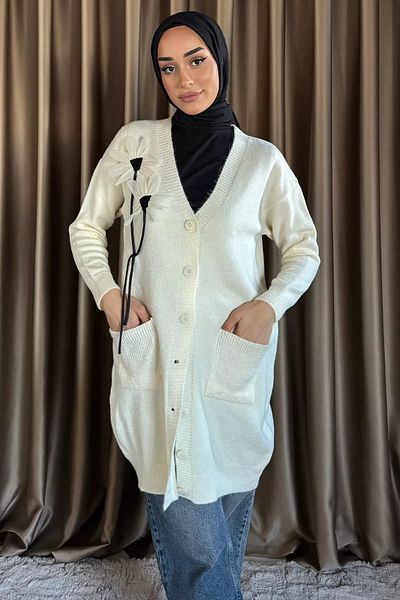 julude Cardigan de tricotaj pentru femei, crem, cu buzunar hidrofug, cu detalii florale