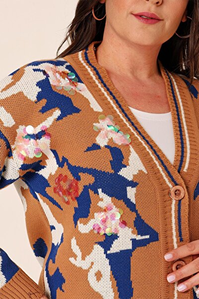 By Saygı Oversize Camouflage Sequin Long Knitted Cardigan