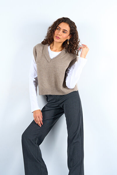 Lupies Kadın Vizon  V Yaka Triko Süveter