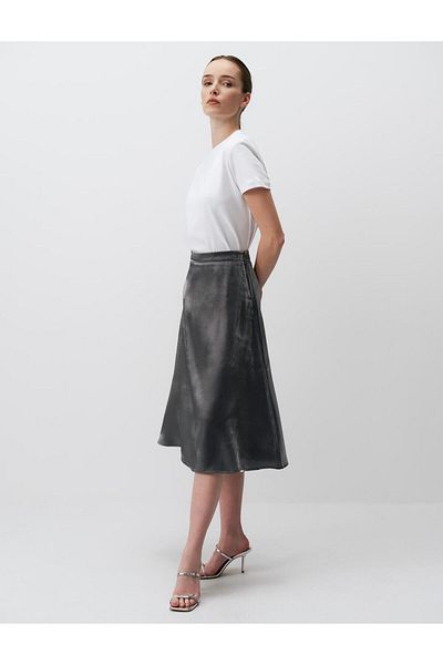 Jimmy Key Silver Regular Waist Shiny Midi Satin Skirt