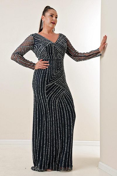 By Saygı Front Back V-Neck Lined Plus Size Stoned Long Tulle Dress
