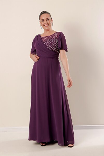 By Saygı Front Beaded Lined Long Plus Size Chiffon Dress