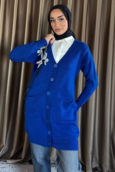 julude Saks Blue Γυναικεία Hijab Pocket Flower Λεπτομερής πλεκτή ζακέτα
