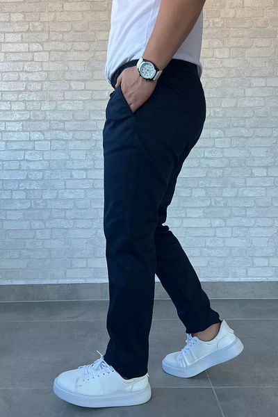 MİSHAR İTALİA Navy Blue Men's Elastic Waist Lace-Up Gabardine Trousers