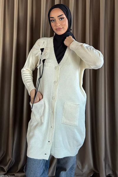julude Cardigan de tricotaj pentru femei, crem, cu buzunar hidrofug, cu detalii florale