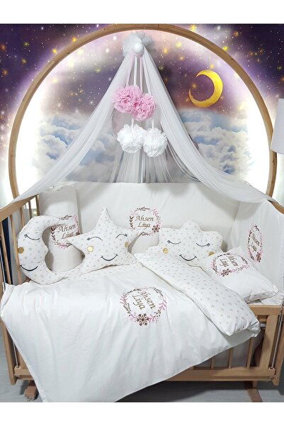 70x130 Embroidered Baby Bedding Set Named - Luxury Mosquito Net And Apparatus - Flower Embroidery Motif