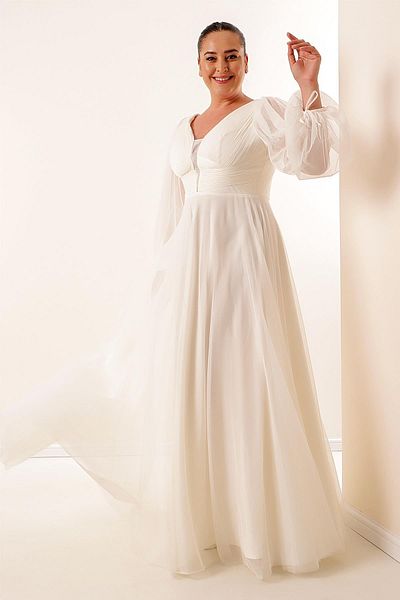 By Saygı Front Back V Neck Balloon Sleeve Plus Size Long Tulle Dress