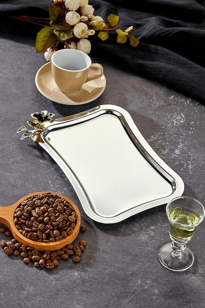 Milenay Elegante Series, Luna Nera Handle Patterned Chrome Presentation Promise Engagement Tray, 25X15Cm, Single Piece