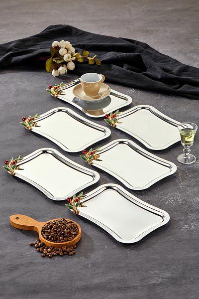 Milenay Bacche Rosso Handle Patterned Elegante Engagement Tray - 25X15Cm, 6 Pieces
