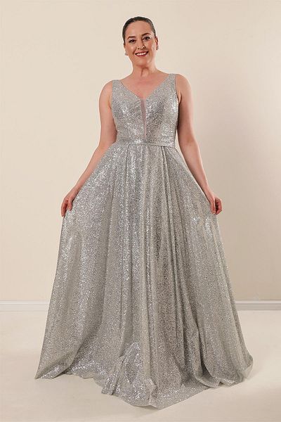 By Saygı Front Back V-Neck Lining Plus Size Long Dress with Mirror