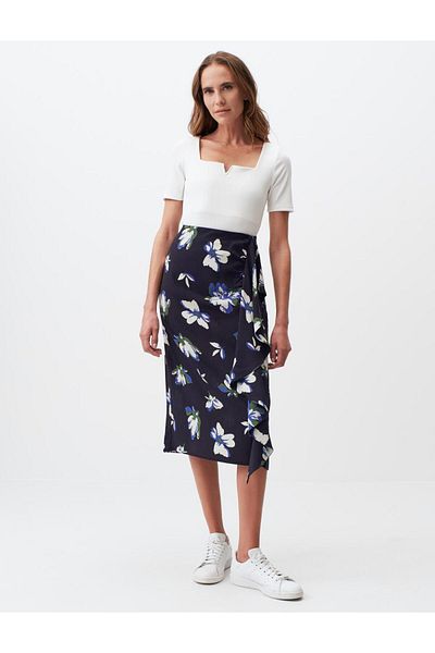 Jimmy Key Navy Blue Regular Waist Floral Patterned Midi Skirt