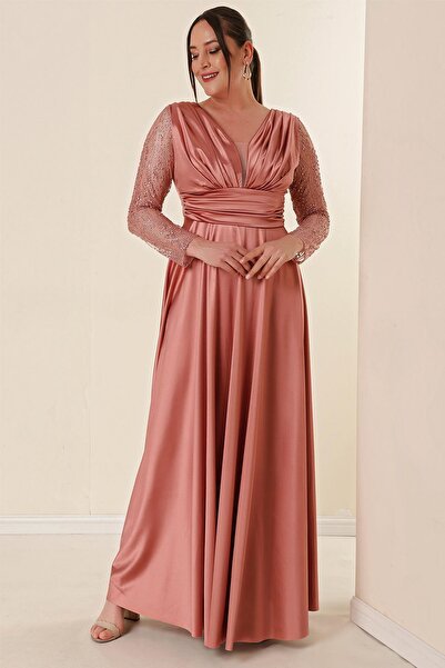 By Saygı Dlouhé saténové večerní šaty velké velikosti s tylovými třpytivými detaily vpředu řasením