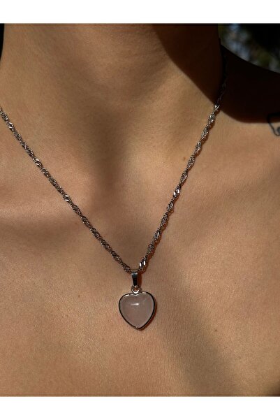 Pure Gem Pembe Kuvars Kalp Model Gümüş Kaplama Doğal Taş Kolye