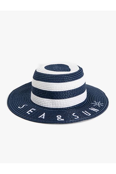 Koton Straw Hat Striped Slogan Embroidered