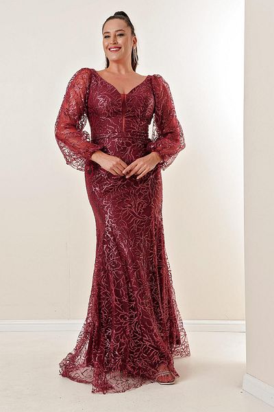 By Saygı Fata Spate Decolteu in V cu Imprimeu Glitterat Rochie Lungi Marime Plus