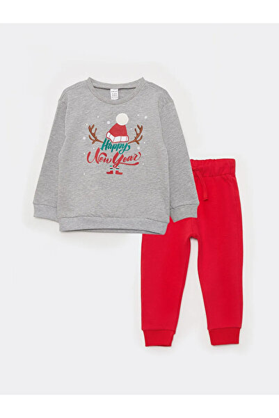 LC Waikiki LCW baby Gri Melanj Bisiklet Yaka Uzun Kollu Yılbaşı Temalı Erkek Bebek 2'li Takım