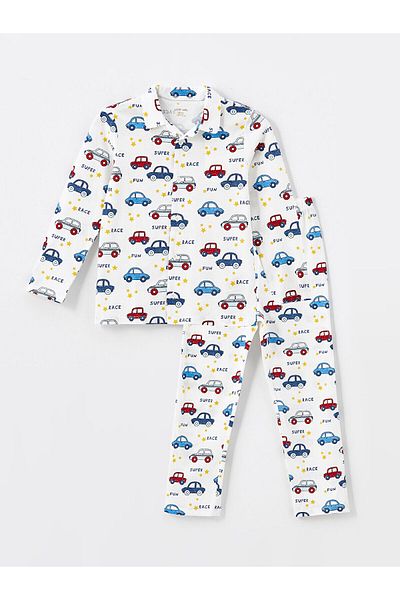 LC Waikiki Lcw Baby Ecru Printed Polo Collar Long Sleeve Printed Baby Boy Pajama Set