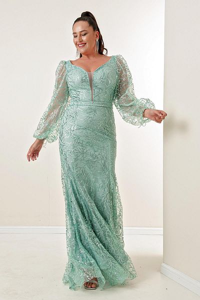 By Saygı Front Back V-Neck Glittery Flock Print Plus Size Long Dress