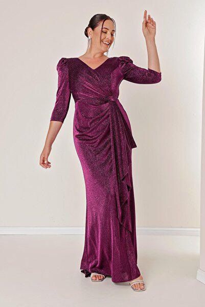 By Saygı Three Quarter Sleeve Flounce Front Lined Glittery Plus Size Long Dress
