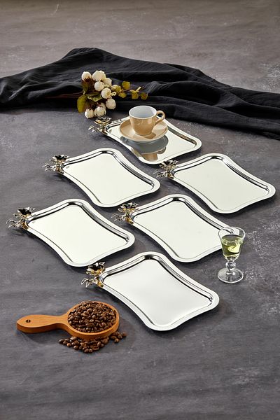 Milenay Elegante Series, Luna Nera Handle Patterned Chrome Presentation Promise Engagement Tray, 25X15Cm, 6 Pieces