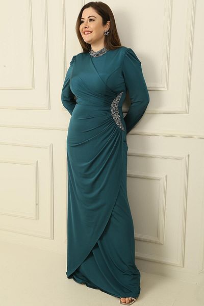 By Saygı Rochie Hijab cu guler cu bijuterii și căptușit lateral cu cristale adunate