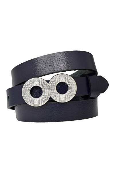 GoDeri Темно-синій тонкий жіночий ремінь - 100% натуральна шкіра, срібна пряжка, для суконь та брюк_GÖZOV