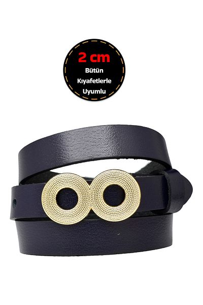GoDeri Women's Navy Blue Belt - 100% Genuine Leather, 2 cm Thin, Gold Buckle, for Dress and Pants