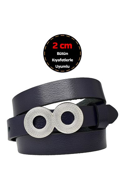GoDeri Navy Blue Thin Women's Belt - 100% Genuine Leather, Silver Buckle, for Dress and Pants_Gözov