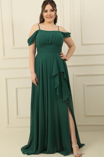 By Saygı Rope Strap Front Ruffle Low Sleeve Lined Plus Size Chiffon Dress