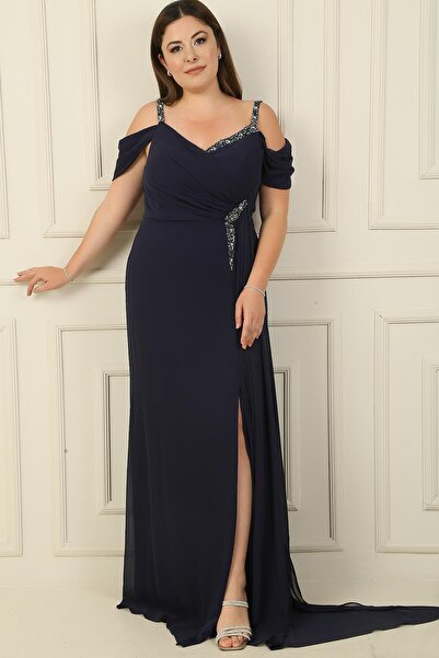 By Saygı Női kő részlet pántos alacsony ujjú oldalsó zsebkendő vállpántos nagy méretű sifon hosszú ruha