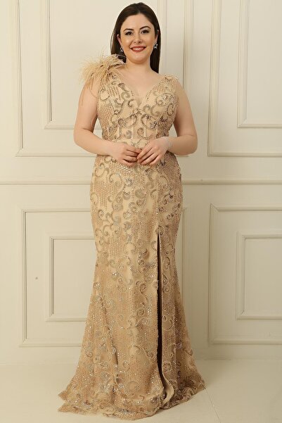 By Saygı One-Shoulder Feather Bead-Sequin Embroidered Lined Plus Size Fish Dress