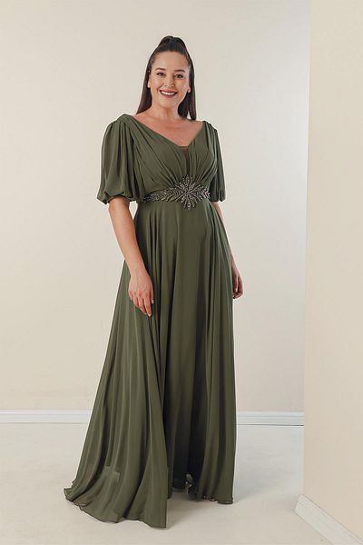 By Saygı Fata Spate Decolteu in V Talie cu margele Drapat In fata Captusita Plus Size Rochie lunga din sifon