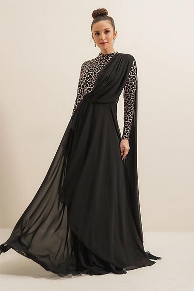 By Saygı Chiffon Long Dress with Sequin Gilded Six Lining Flounces