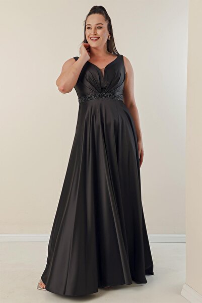 By Saygı V-Neck Thick Strap Waist Beaded Lined Plus Size Satin Long Dress