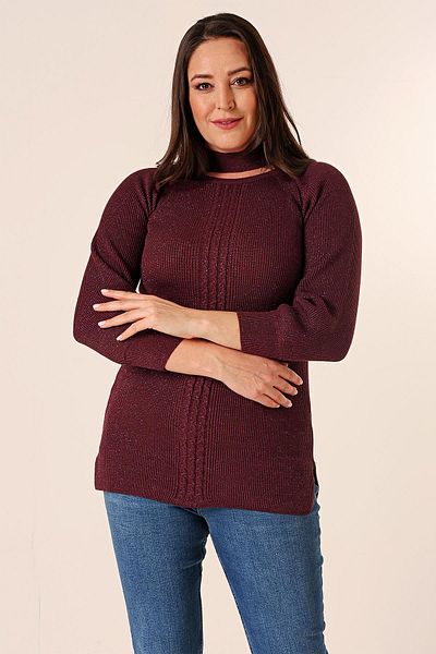 By Saygı Low-cut Neck Braided Pattern Plus Size Sports Tunic Sweater