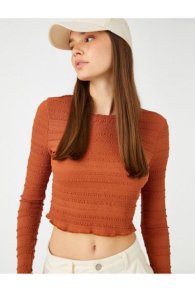 Koton Long Sleeve T-Shirt Crop Crew Neck Textured