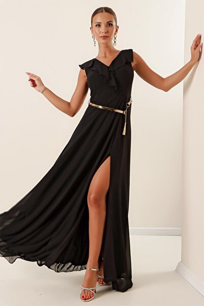 By Saygı Langes Chiffon-Kleid mit Schlitz und Volantkragen und Gürtel