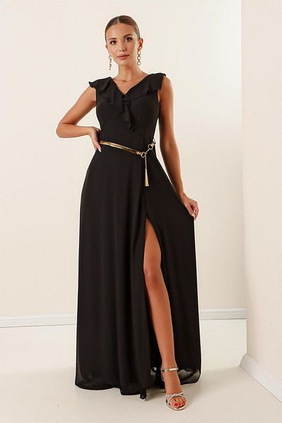 By Saygı Langes Chiffon-Kleid mit Schlitz und Volantkragen und Gürtel