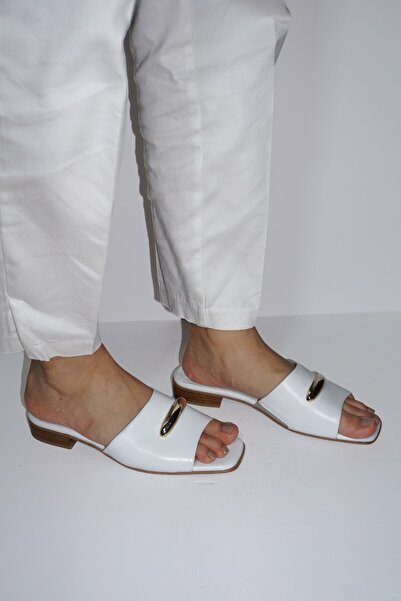 ERS Air Comfort Women's White Genuine Leather Gold Buckle Detailed Stylish Slippers K.358-01